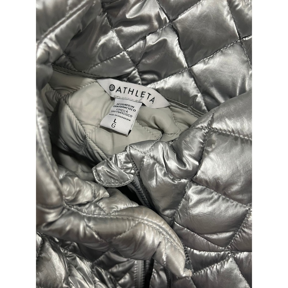 Athleta  Whisper Featherless Metallic quilted jacketSilver Zip Jacket sixe L - Picture 7 of 9